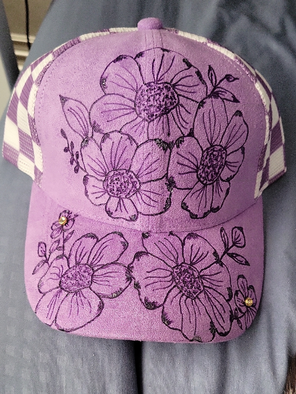 Purple Floral Hand Burned Trucker Hat